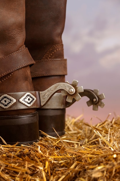 Foto gratuita stivali da cowboy all'aperto da vicino