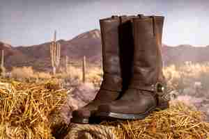 Free photo cowboy boots outdoors still life