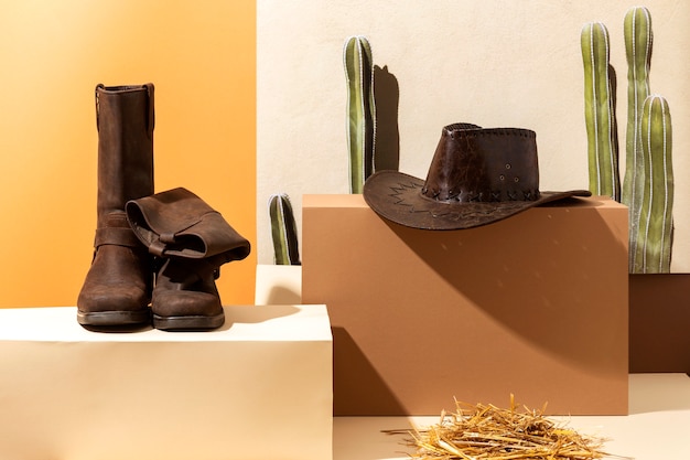 Foto gratuita ispirazione da cowboy con accessori e cactus