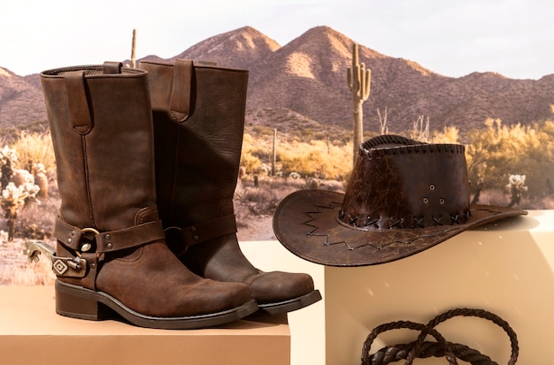 Foto gratuita ispirazione da cowboy con stivali e cappello