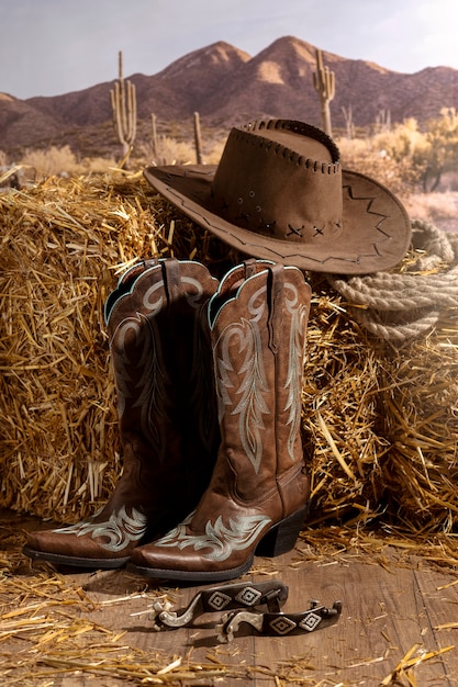 cowboy inspiration with hat and boots high angle
