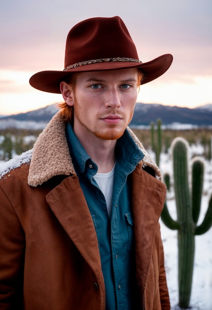 Foto gratuita ritratto di un cowboy alla luce del giorno con uno sfondo di paesaggio sfocato