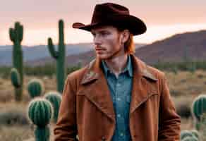 Foto gratuita ritratto di un cowboy alla luce del giorno con uno sfondo di paesaggio sfocato