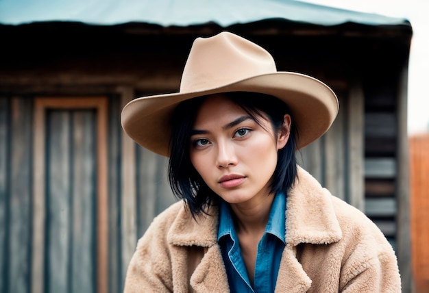 Cowboy portrait in daylight with out of focus landscape background