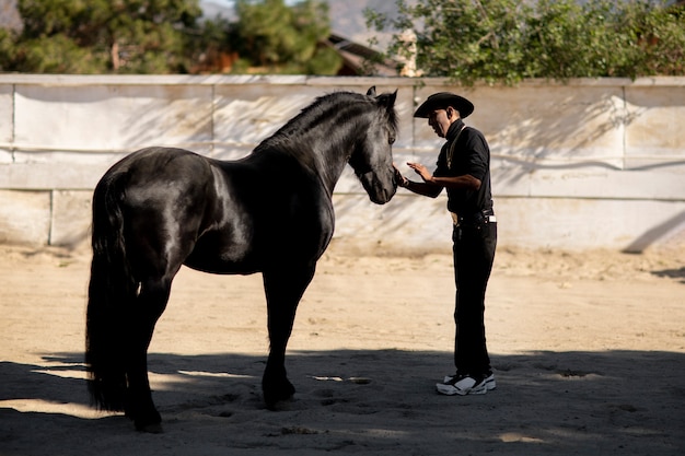 Foto gratuita siluetta del cowboy con il cavallo contro la luce calda