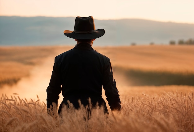 Cowboy with hat in photorealistic environment
