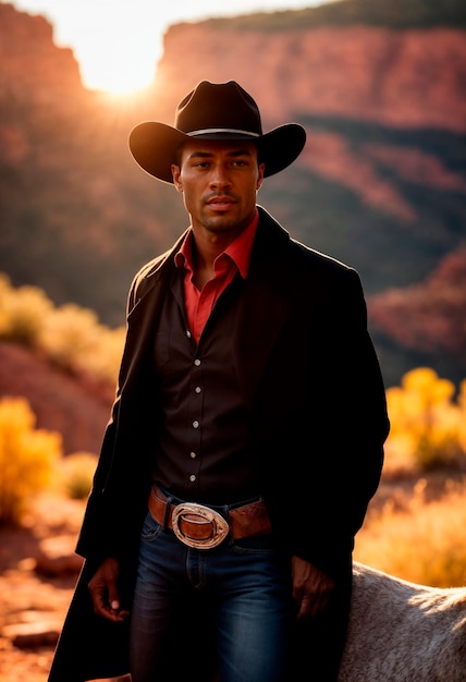 Free photo cowboy with hat in photorealistic environment