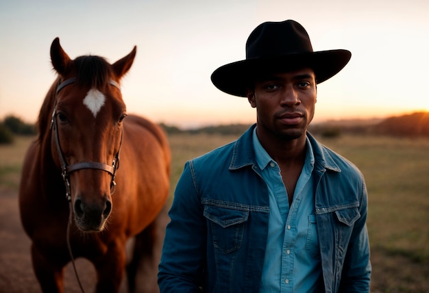 Foto gratuita cowboy con cappello in un ambiente fotorealistico