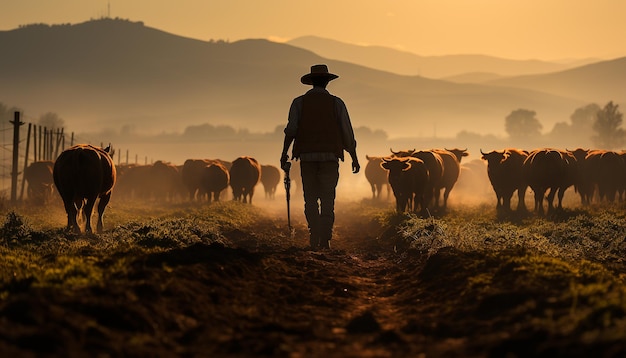 無料写真 人工知能によって生成された放牧牛と一緒に日の出の農場で働くカウボーイ