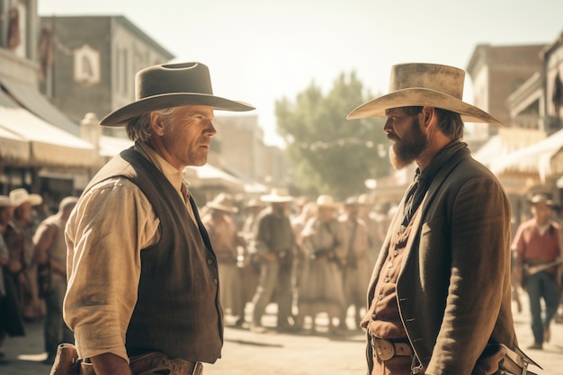 Free photo cowboys stand off in old western town