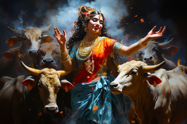 Free photo a cowherd girl dances near her herd of cows the spring festival of colors and happiness holi