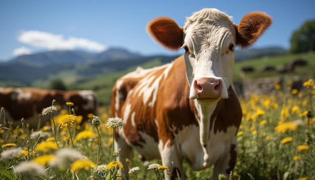 Free photo cows graze in green meadow enjoying the summer sun generated by artificial intelligence