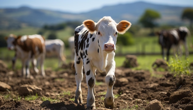 Free photo cows grazing in green meadow enjoying nature beauty generated by artificial intelligence