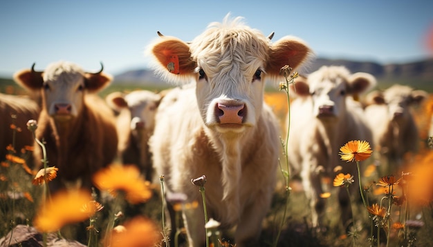 Foto gratuita mucche al pascolo nella bellezza della natura del prato verde catturata generata dall'intelligenza artificiale