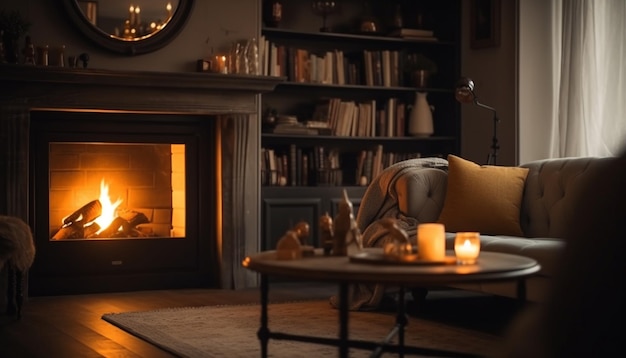 Free photo cozy armchair glows by burning candlelight flame generated by ai