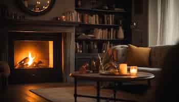 Бесплатное фото Уютное кресло светится горящим пламенем свечи, созданным искусственным интеллектом