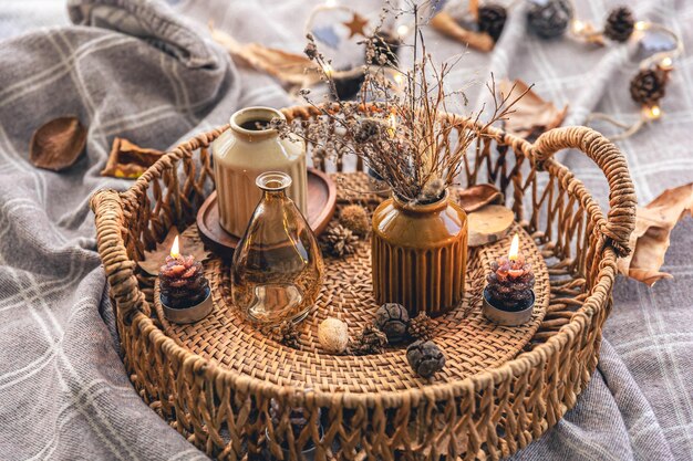 Cozy autumn composition with decorative details candles