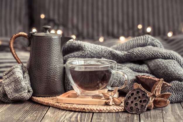 Cozy autumn still life with a Cup of tea.