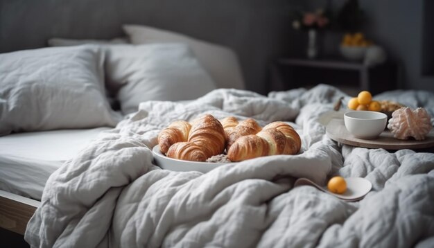 Cozy bed fresh croissant comfortable relaxation indoors generated by AI