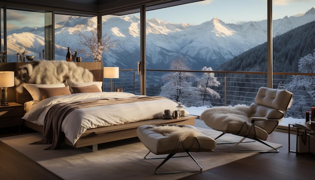 Cozy bedroom snowy mountain view luxury hotel ultimate relaxation generated by artificial intelligence