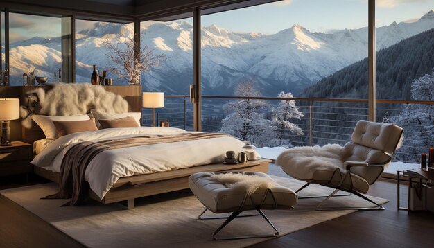 아한 침실, 눈 인 산을 볼 수 있는 럭셔리 호텔, 인공지능에 의해 생성된 궁극적인 휴식