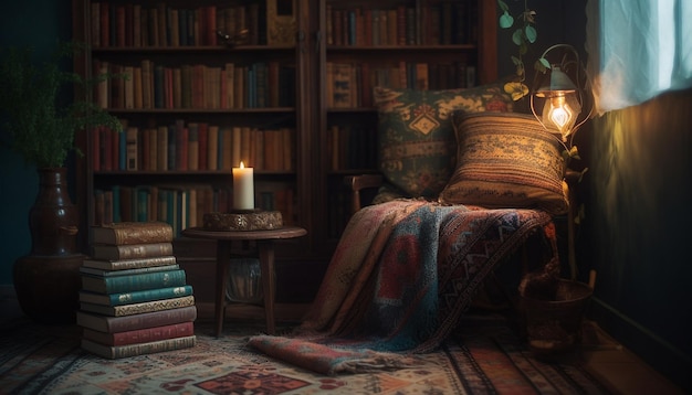Cozy bedroom with modern bookshelf antique armchair and illuminated lantern generated by AI