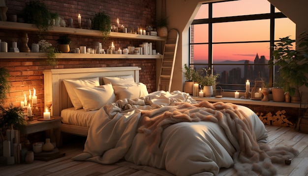 Free photo cozy bedroom with modern design comfortable bed and illuminated window generated by artificial intelligence