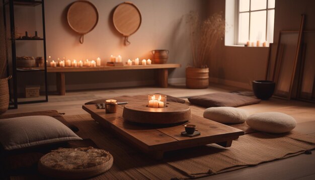 Уютная спальня со свечами привносит в интерьер деревенскую элегантность, созданную искусственным интеллектом