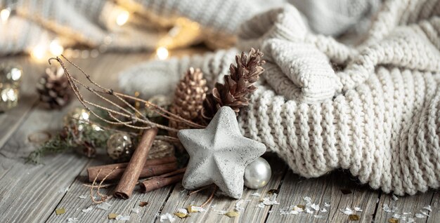 Cozy christmas background with decorative star closeup