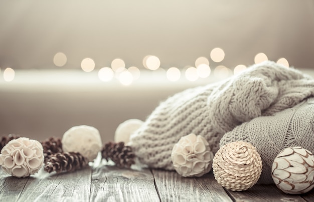 Free photo cozy christmas background on a wooden background with objects of christmas decor .