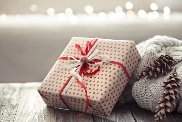 Cozy Christmas decorations on a wooden table