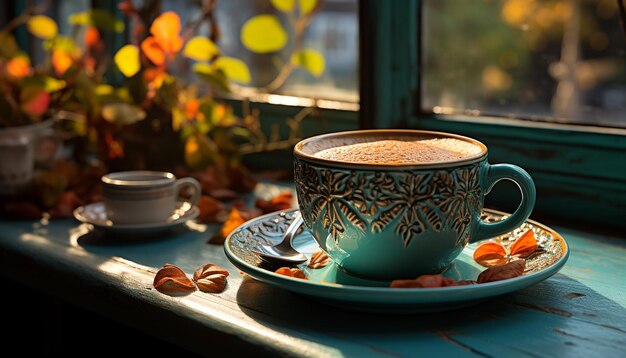 コーヒーショップのテーブル 背景は木製 暑いカプチーノ 秋の季節 人工知能によって生成された