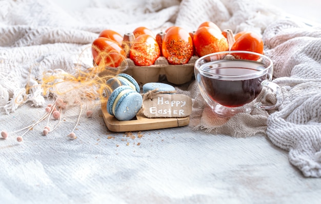 Cozy Easter still life with decor . Morning tea with dessert.