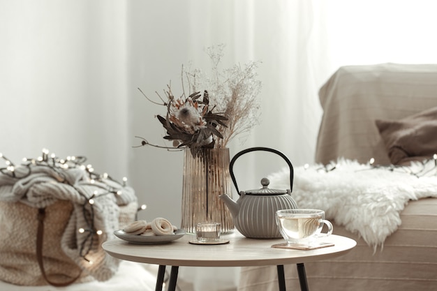 Cozy home composition with tea in a Scandinavian style home interior.