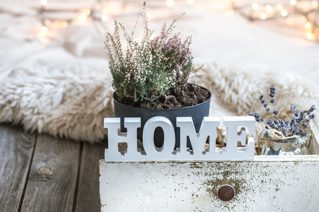 Cozy home composition on wooden table