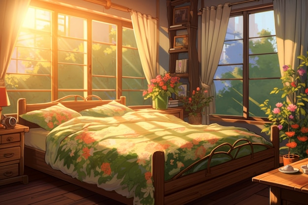 Бесплатное фото Уютный интерьер в стиле аниме