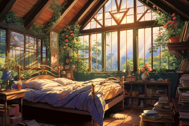 Бесплатное фото Уютный интерьер в стиле аниме