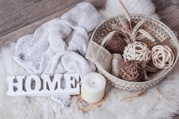 Cozy home still life with the inscription home