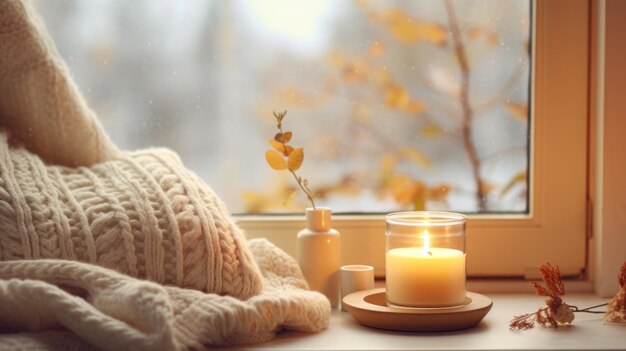 A cozy hygge scene with a white sweater and candles on a windowsill