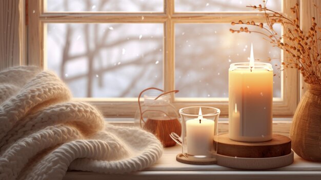 Уютная сцена с белым свитером и свечами на подоконнике