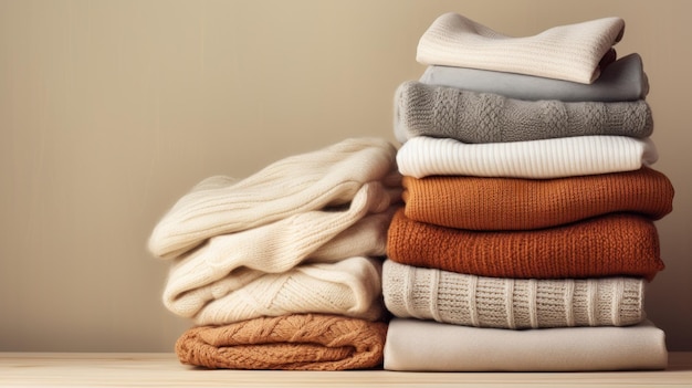 Cozy knitwear carefully arranged in stacks on a wooden shelf with a beige background