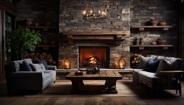 Cozy living room with modern design comfortable sofa and fireplace generated by artificial intelligence