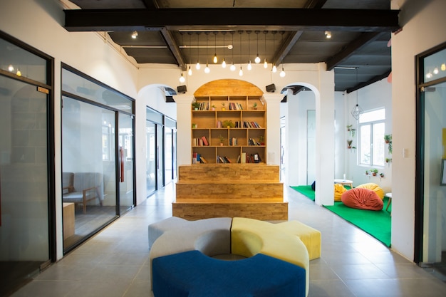 Cozy lobby with bookshelf