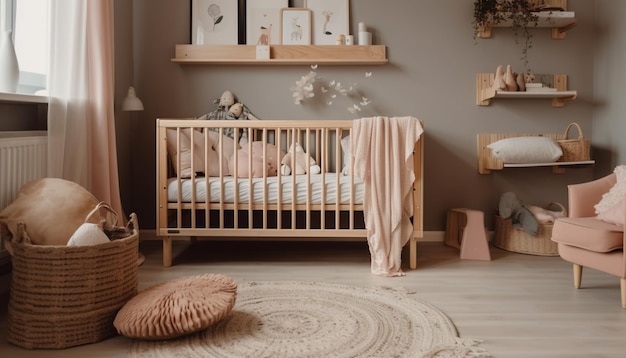 Cozy nursery with cute toy and comfortable bedding generated by AI