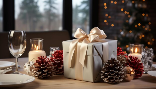 Уютная подарочная коробка для зимнего праздника со свечами и подсветкой рождественской елки, созданная искусственным интеллектом