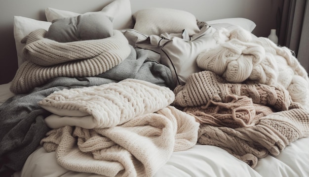 無料写真 ai によって生成された冬の暖かさのための居心地の良いウールの寝具スタック