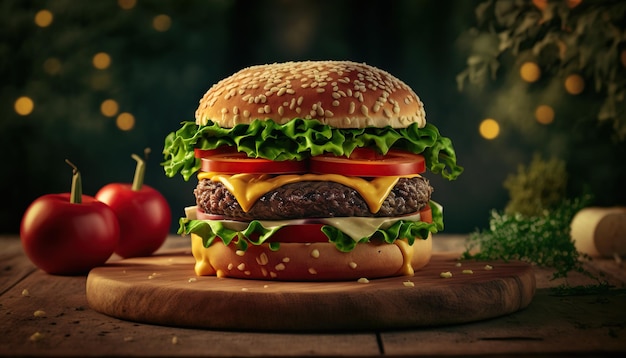 Free photo craft beef burger and french fries on wooden table melting chesses isolated on black background ai generative