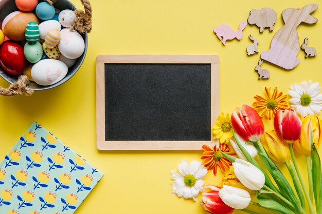 Crafty composition of chalkboard and Easter eggs