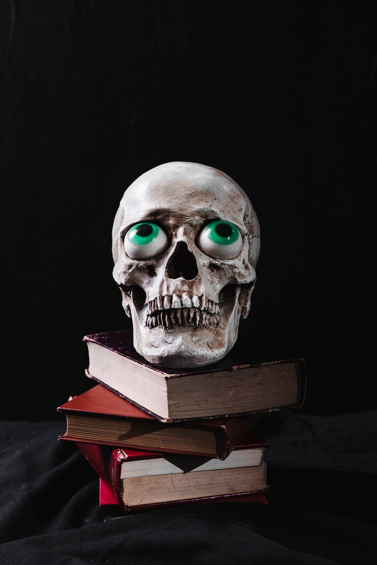 Бесплатный Фотография череп с игрушечными глазками на уложенных книжках