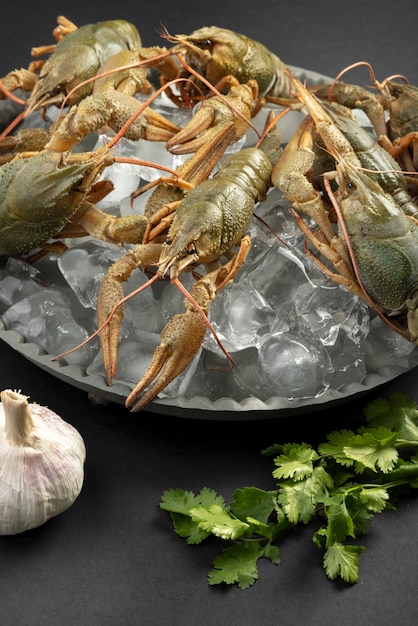 Crawfish with ice cubes in a bowl